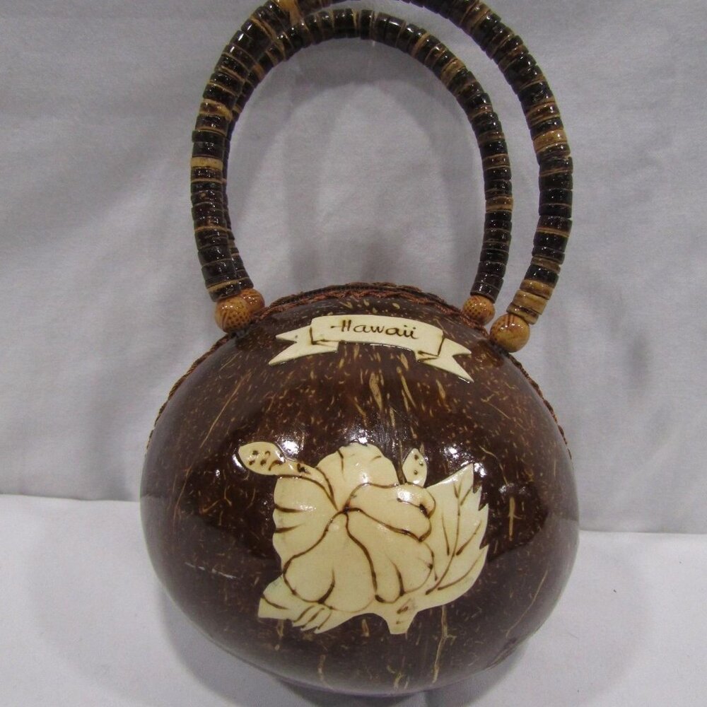 Handcrafted Hawaiian Coconut Shell clutch purse, beaded handle, Hibiscus, Aloha